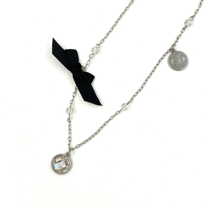 Dior Logo Charm Metal Rhinestone Faux Pearl Ivory Clear Necklace Ivory