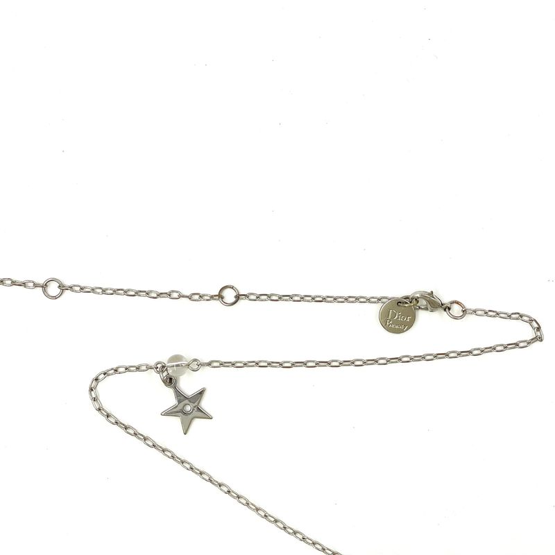 Dior Logo Charm Metal Rhinestone Faux Pearl Ivory Clear Necklace Ivory