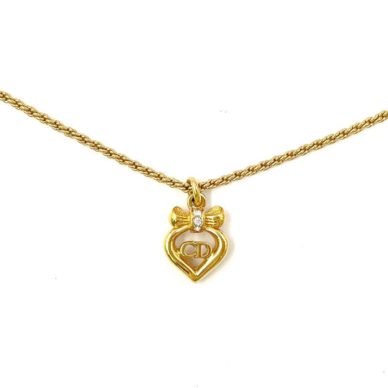 Dior CD Logo Heart Ribbon Rhinestone Gold Necklace