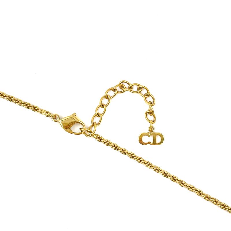 Dior CD Logo Heart Ribbon Rhinestone Gold Necklace