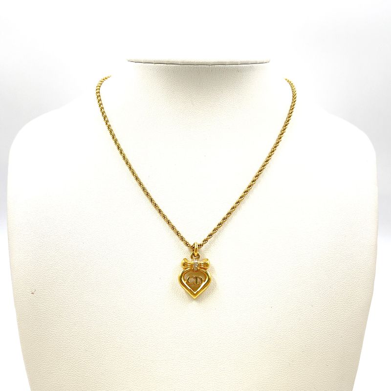 Dior CD Logo Heart Ribbon Rhinestone Gold Necklace