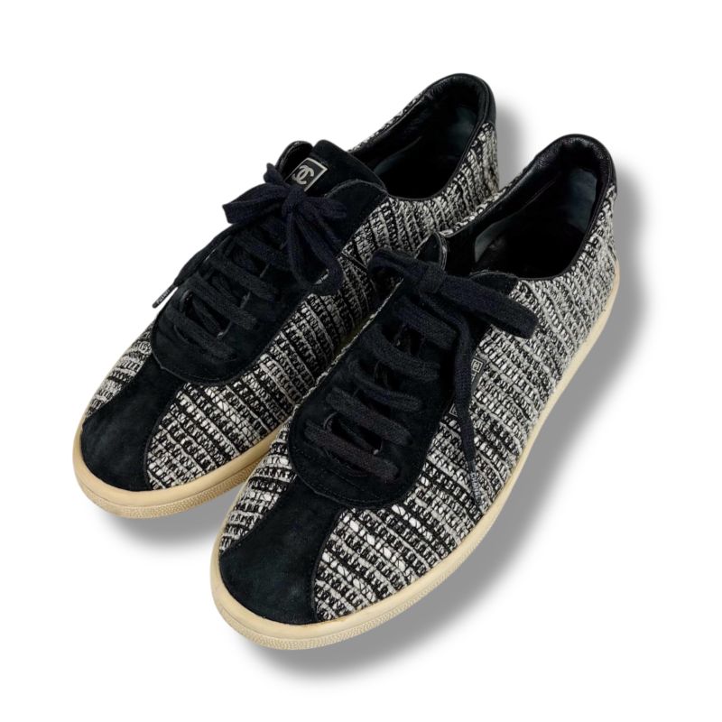 Chanel Tweed Low Cut Sneakers Black CC Logo 39