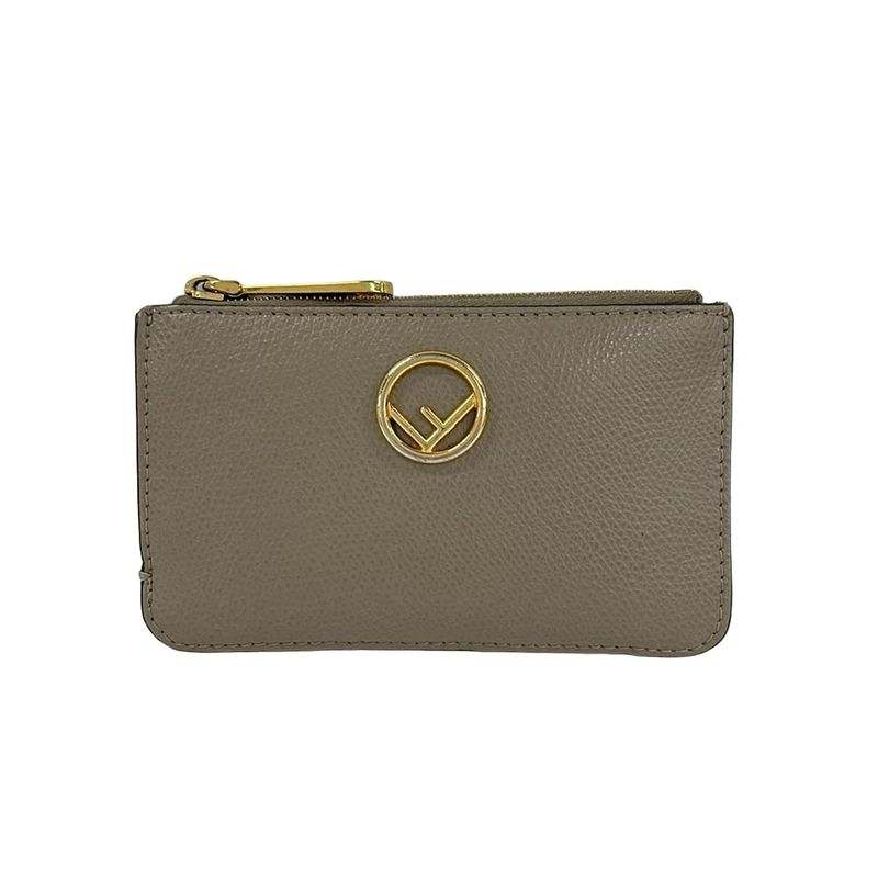 Fendi Card Case F's Beige with Key Ring Leather