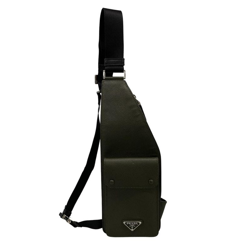 Prada Shoulder Bag Khaki Black Leather X