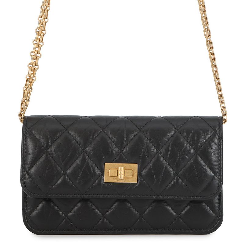 Chanel Chain Wallet Quilted 2.55 CC Logo Aged Calf Leather Handbag