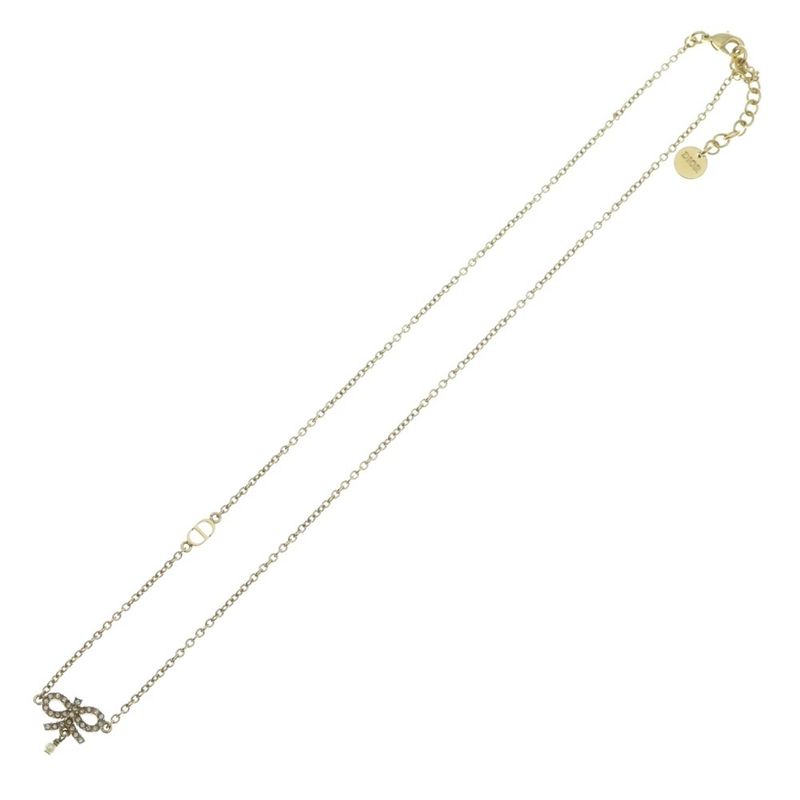 Dior Ribbon Necklace Rhinestone Pendant Chain Gold Plated