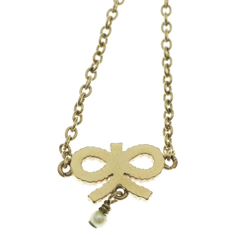 Dior Ribbon Necklace Rhinestone Pendant Chain Gold Plated