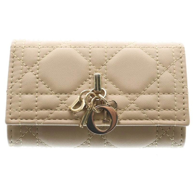 Dior Cannage Key Case Key Sling Bag Charm Leather Beige Gold