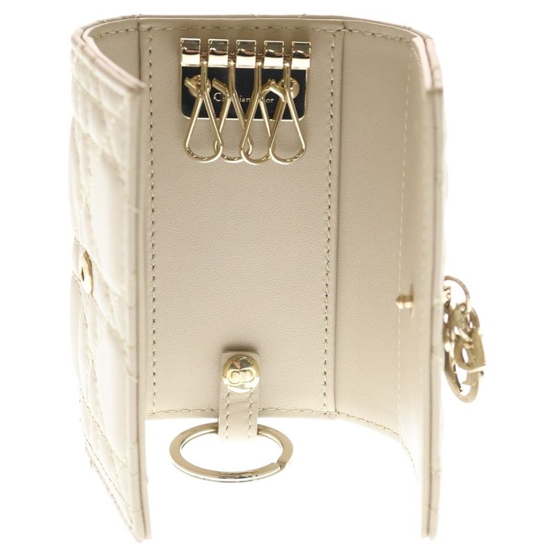 Dior Cannage Key Case Key Sling Bag Charm Leather Beige Gold