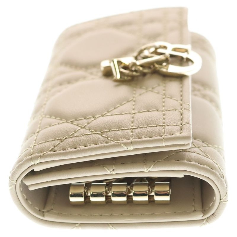 Dior Cannage Key Case Key Sling Bag Charm Leather Beige Gold