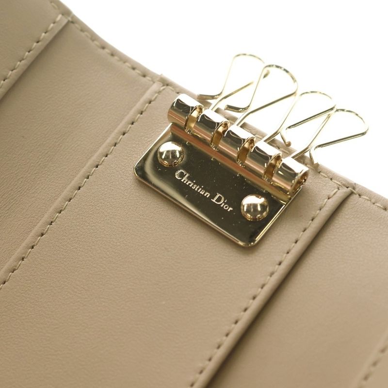Dior Cannage Key Case Key Sling Bag Charm Leather Beige Gold