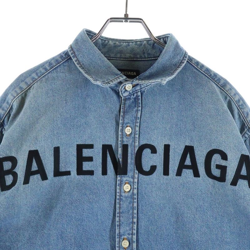 Balenciaga Washed Logo Embroidery Denim Shirt Indigo