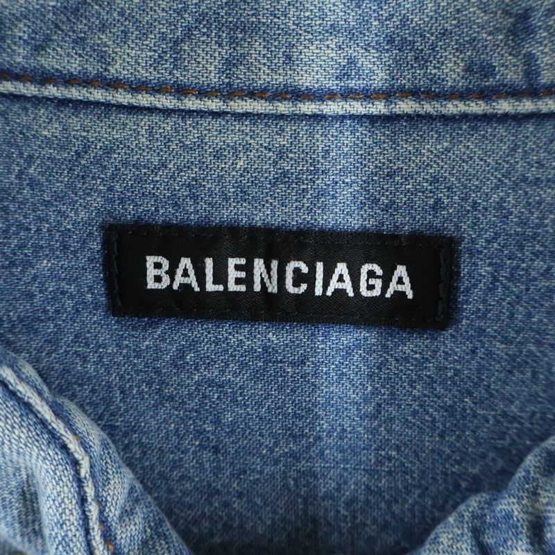 Balenciaga Washed Logo Embroidery Denim Shirt Indigo