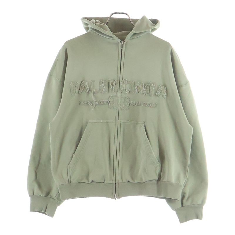 Balenciaga Regular Zip Up Hoodie Distressed Pullover Sweatshirt Khaki Sweater