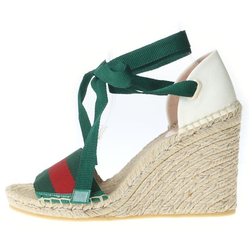 Gucci Tricolor Wedge Sole Espadrille Sandals Beige Green
