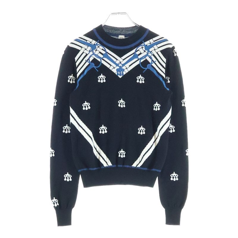 Hermes Mors a Jouets Embroidered Long Sleeve Knit Sweater Black Blue