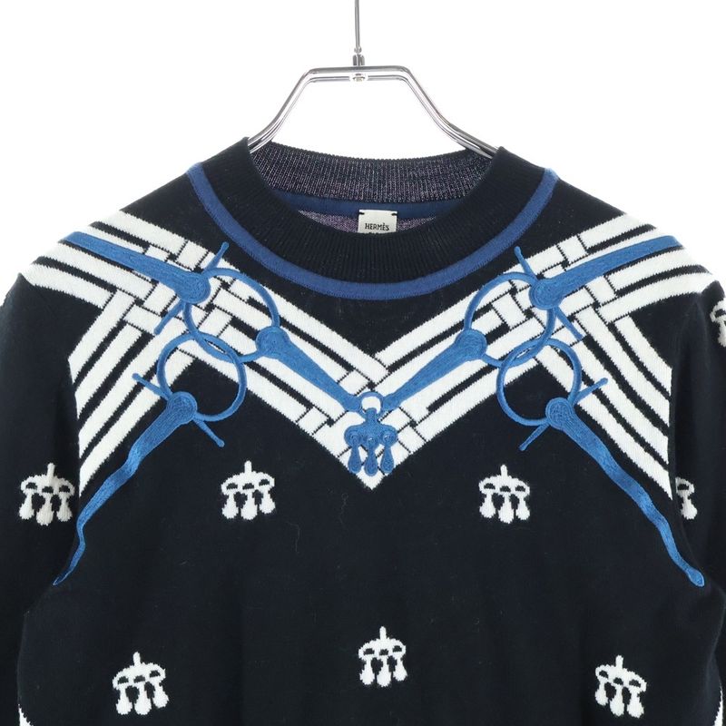 Hermes Mors a Jouets Embroidered Long Sleeve Knit Sweater Black Blue