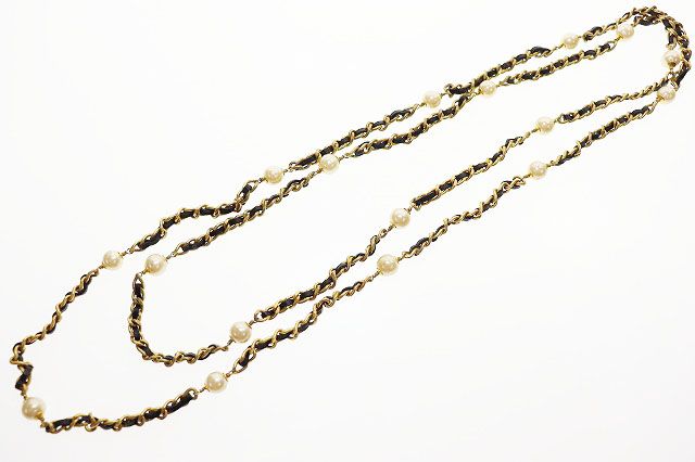 Chanel Vintage Pearl Leather Chain Long Necklace Black Aa X