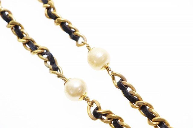 Chanel Vintage Pearl Leather Chain Long Necklace Black Aa X