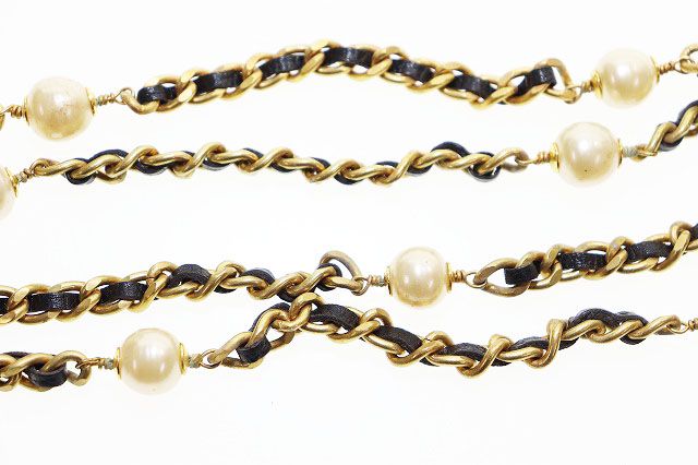 Chanel Vintage Pearl Leather Chain Long Necklace Black Aa X