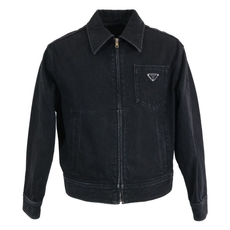 Prada Triangle Logo Zip Up Denim Jacket ) Black