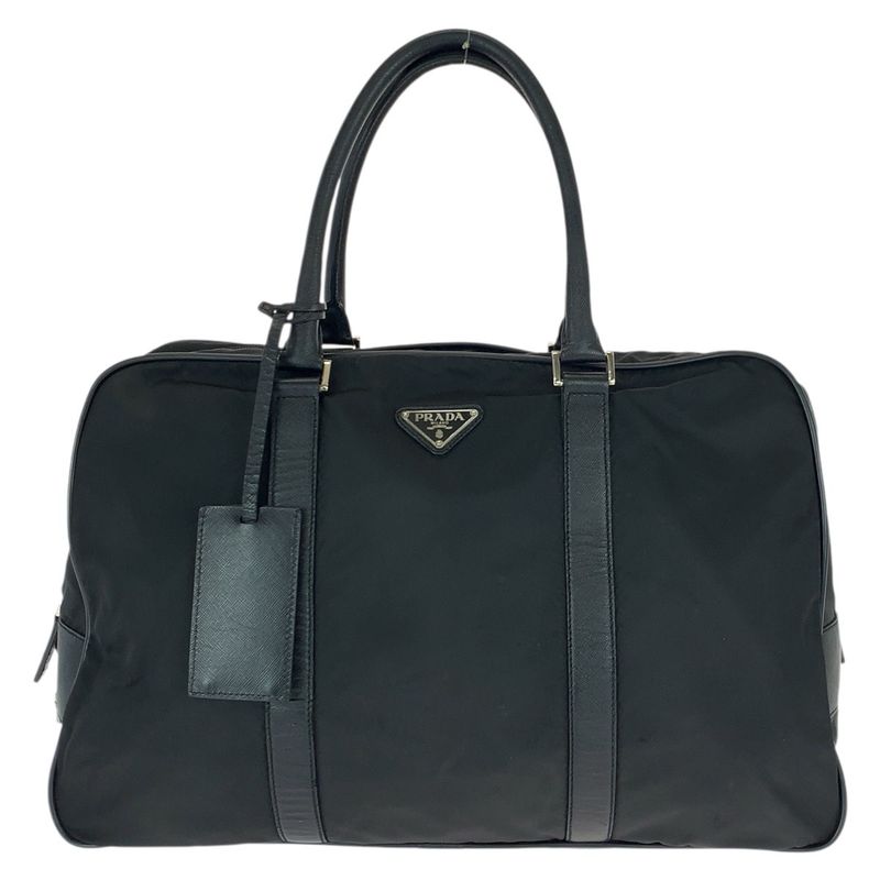 Prada Tessuto Saffiano Black Nylon Leather Boston Bag Tote