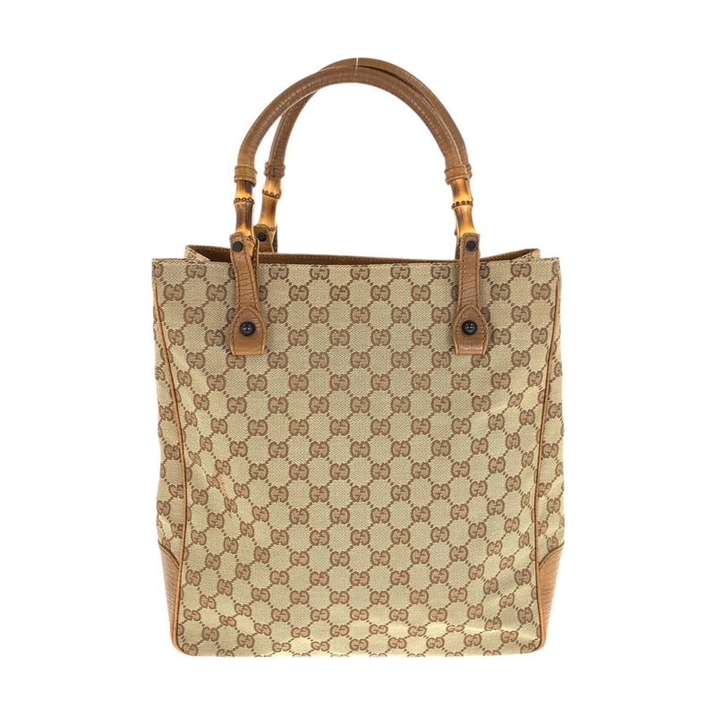 Gucci Bamboo Beige Camel GG Canvas Leather Tote Shoulder Bag
