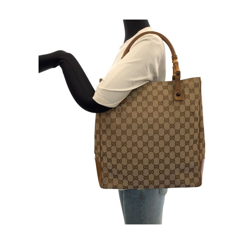 Gucci Bamboo Beige Camel GG Canvas Leather Tote Shoulder Bag