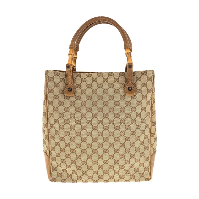 Gucci Bamboo Beige Camel GG Canvas Leather Tote Shoulder Bag