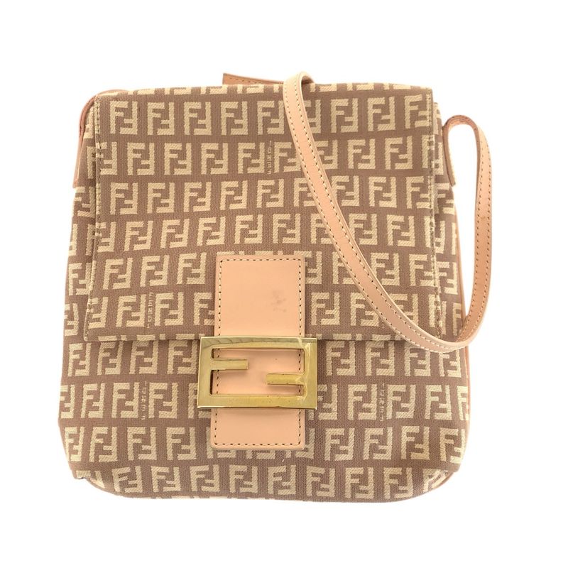 Fendi Zucchino Beige Baby Pink Gold Canvas Shoulder Bag