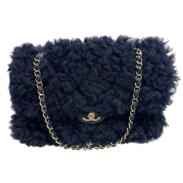 Chanel Shearling Lambskin Gold CC Logo Quilted Chain Shoulder Bag Navy