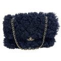 Chanel Shearling Lambskin Gold CC Logo Quilted Chain Shoulder Bag Navy