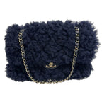 Chanel Shearling Lambskin Gold CC Logo Quilted Chain Shoulder Bag Navy