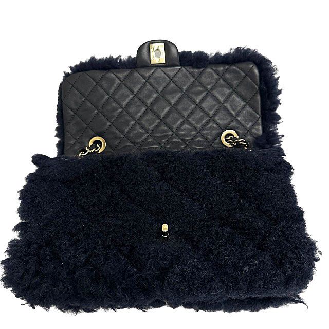 Chanel Shearling Lambskin Gold CC Logo Quilted Chain Shoulder Bag Navy