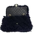 Chanel Shearling Lambskin Gold CC Logo Quilted Chain Shoulder Bag Navy