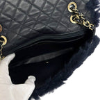 Chanel Shearling Lambskin Gold CC Logo Quilted Chain Shoulder Bag Navy