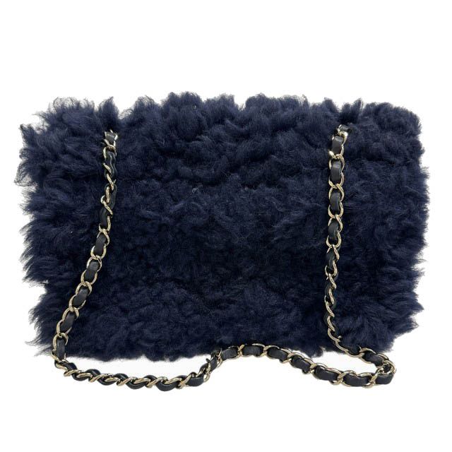 Chanel Shearling Lambskin Gold CC Logo Quilted Chain Shoulder Bag Navy