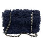 Chanel Shearling Lambskin Gold CC Logo Quilted Chain Shoulder Bag Navy