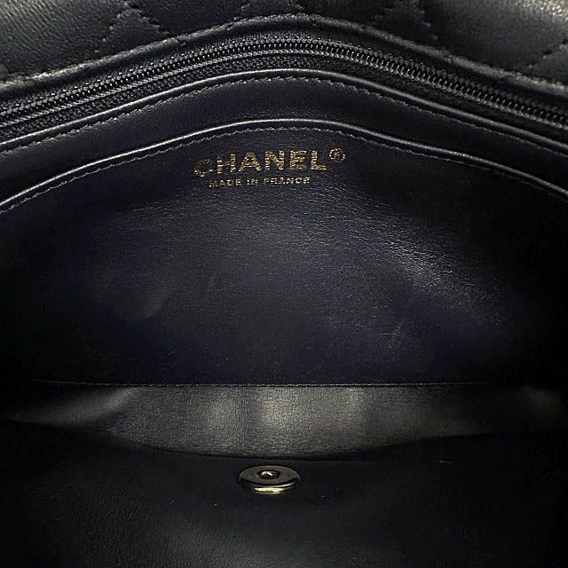 Chanel Shearling Lambskin Gold CC Logo Quilted Chain Shoulder Bag Navy
