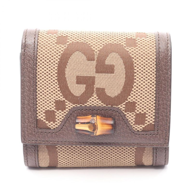 Gucci Bifold Wallet Bambu Jumbo GG Beige Dark Brown Canvas Leather