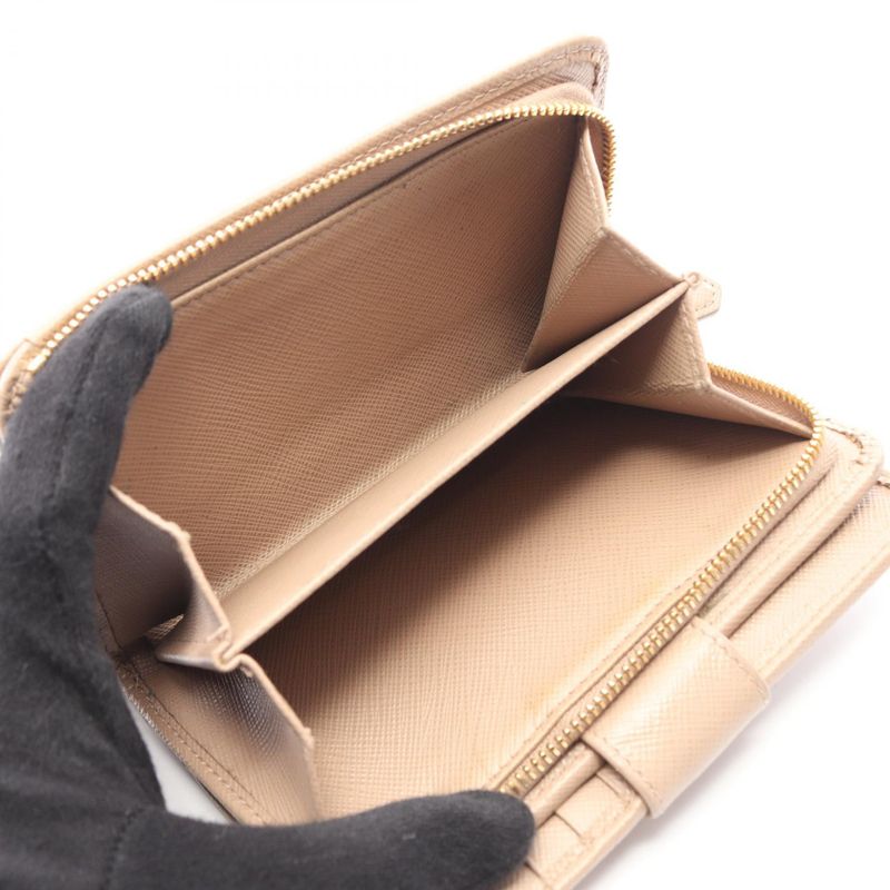 Prada Bifold Wallet Saffiano Metal Beige Leather Lshape Zip