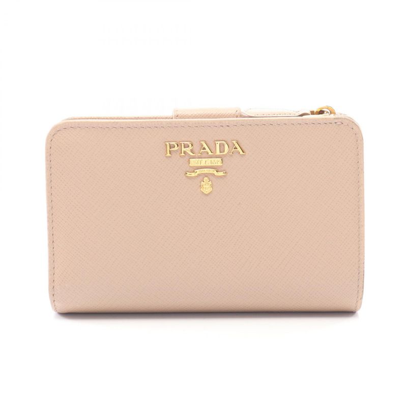 Prada Bifold Wallet Saffiano Metal Beige Leather Lshape Zip