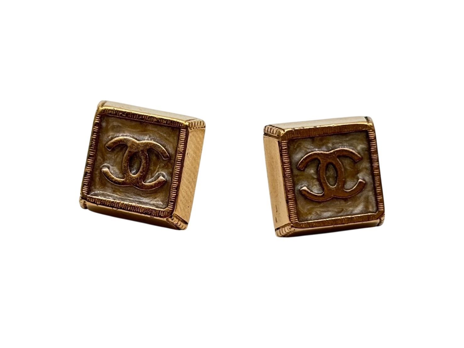 Chanel CC Logo Square Earrings 03 Metal Resin Gold