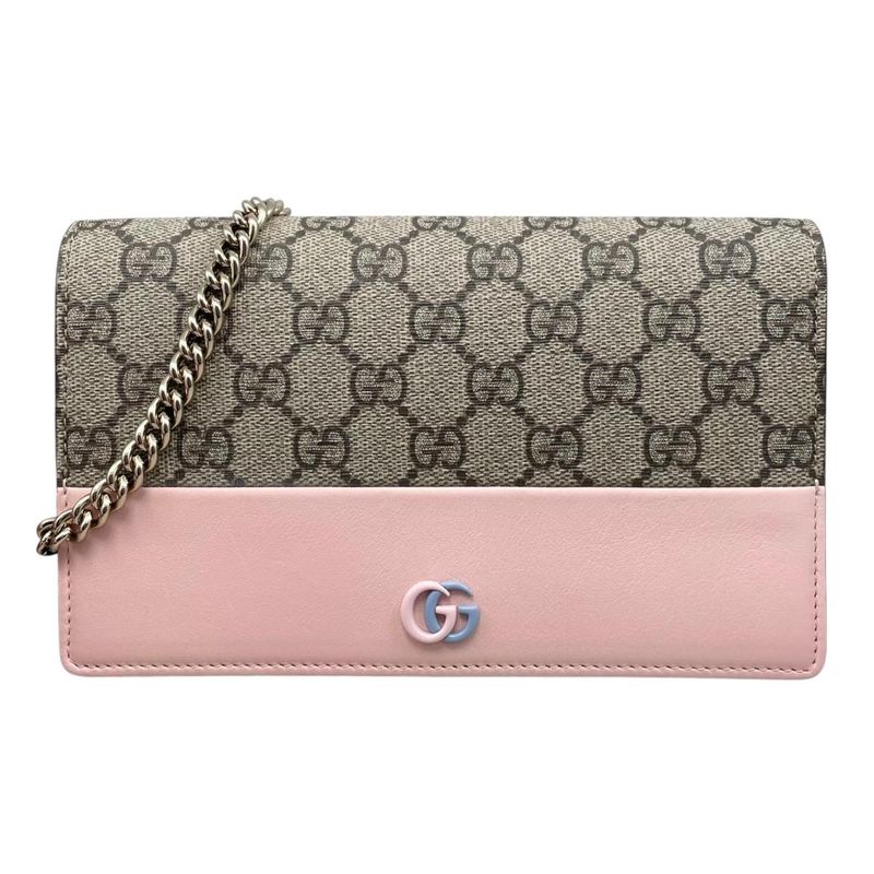 Gucci Shoulder Bag GG Marmont Chain Wallet Supreme Leather Beige Pink Blue