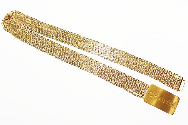 Chanel Logo Plate Chain Belt Vintage Gold Aa