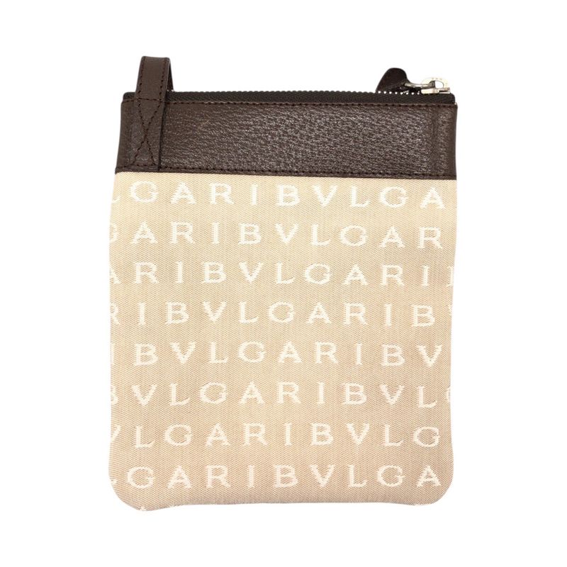 Bvlgari Logomania Beige Brown Silver Canvas Leather Shoulder Bag