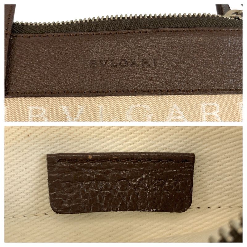 Bvlgari Logomania Beige Brown Silver Canvas Leather Shoulder Bag