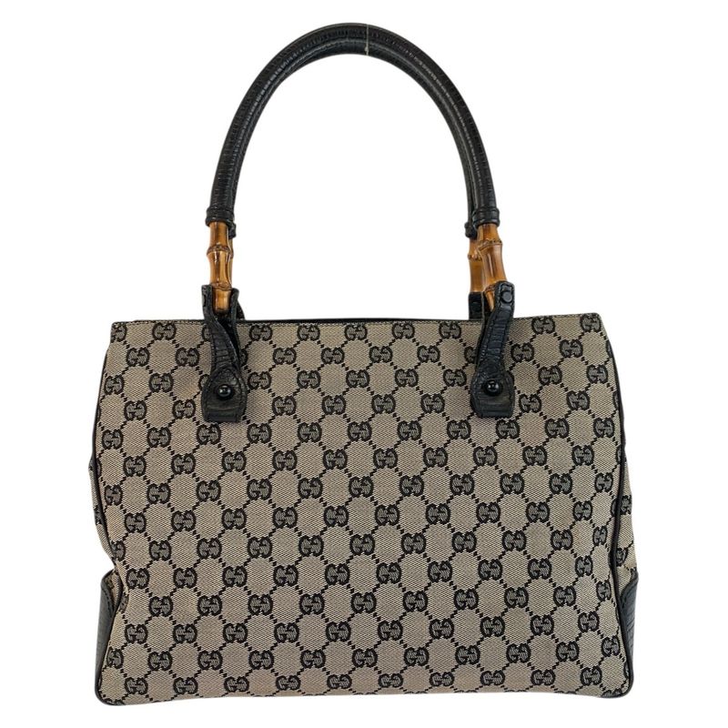 Gucci Bamboo Black Gray GG Canvas Leather Tote Shoulder Bag