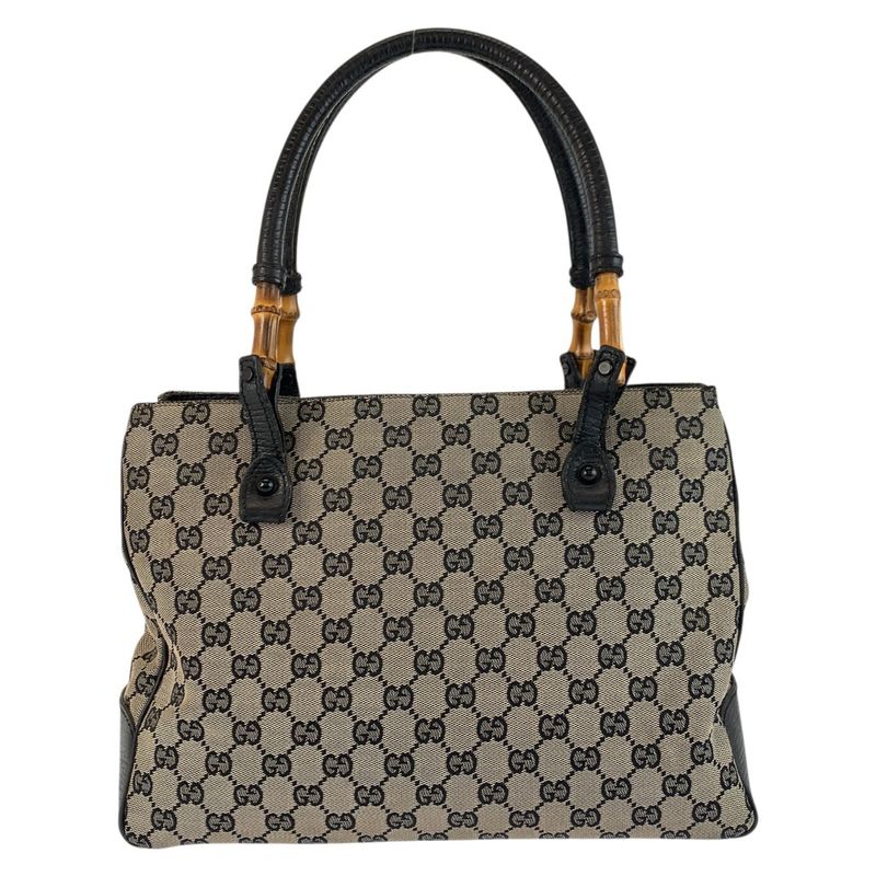 Gucci Bamboo Black Gray GG Canvas Leather Tote Shoulder Bag