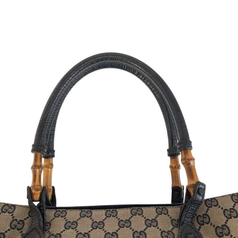 Gucci Bamboo Black Gray GG Canvas Leather Tote Shoulder Bag